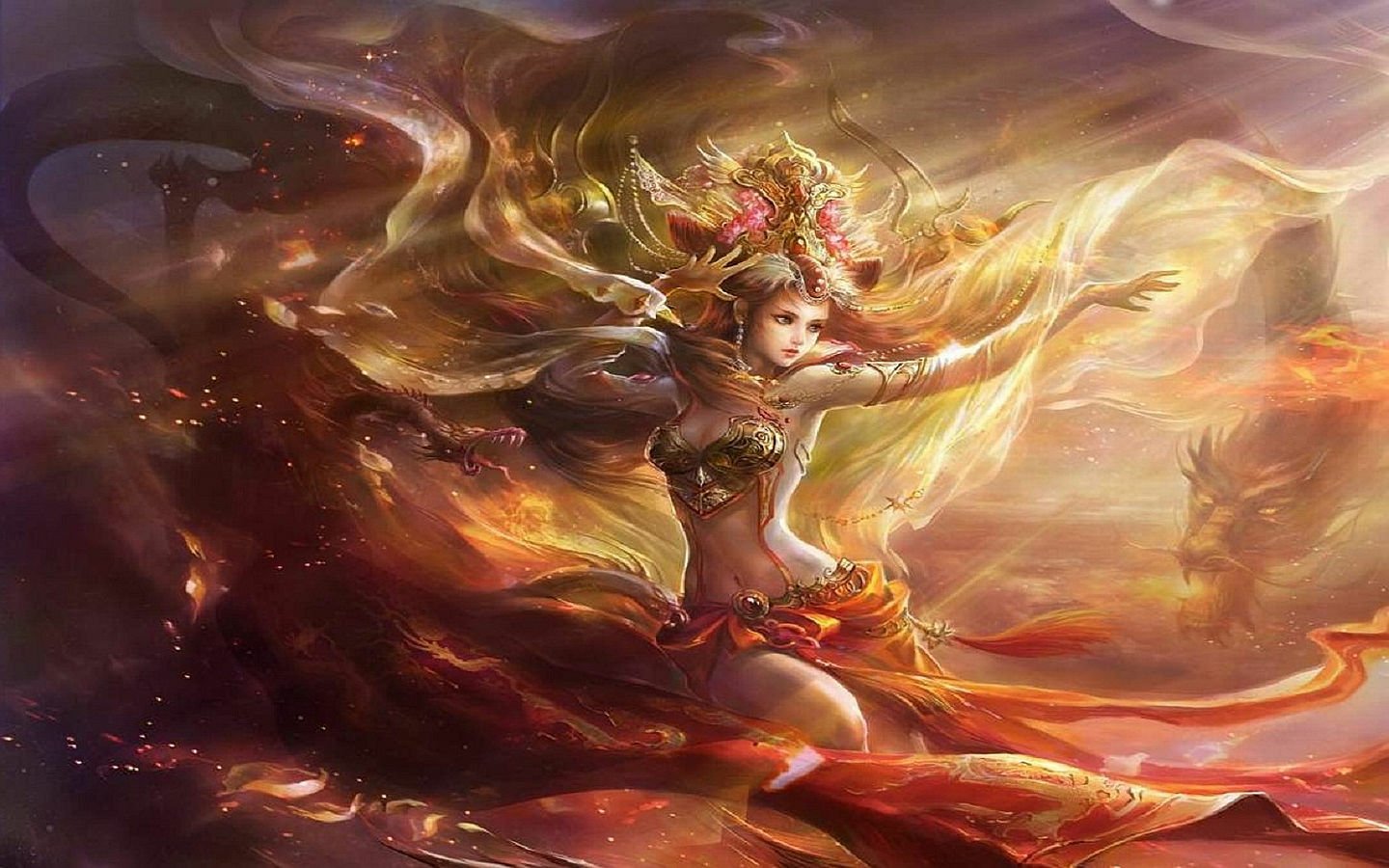 A woman in a stunning fantasy setting, adorned with a vibrant headdress, dances amidst swirling colors and ethereal light, evoking a sense of magic and wonder.