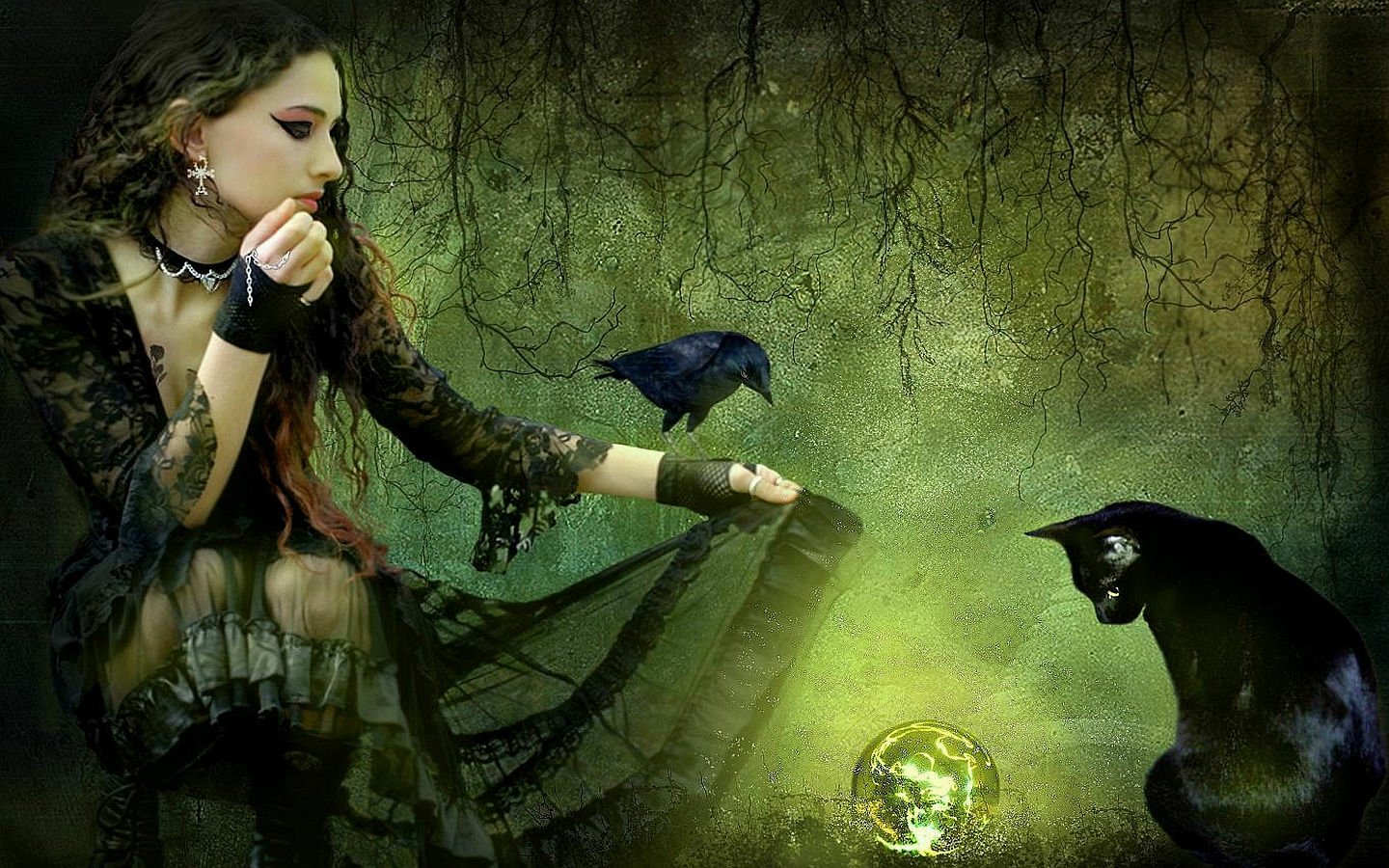 A mystical scene featuring a witch in a flowing black dress, accompanied by a black cat and a raven, surrounded by an enchanting green atmosphere and a glowing orb.