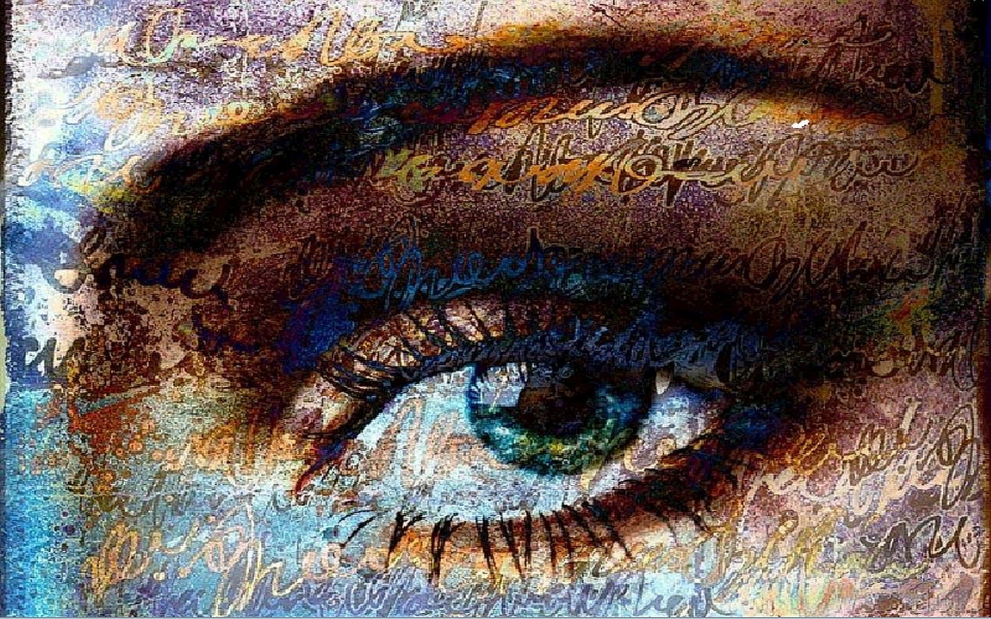 An artistic depiction of a captivating eye, featuring intricate details and vibrant colors, surrounded by swirls of text that enhance its enigmatic beauty.