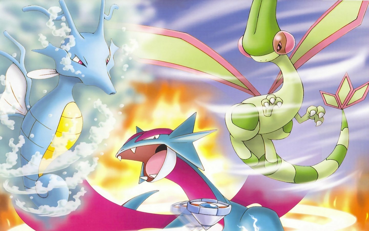 An anime scene featuring dragon-type Pokémon: Salamence, Flygon, and Kingdra, showcasing their unique powers amidst a dynamic, fiery background.