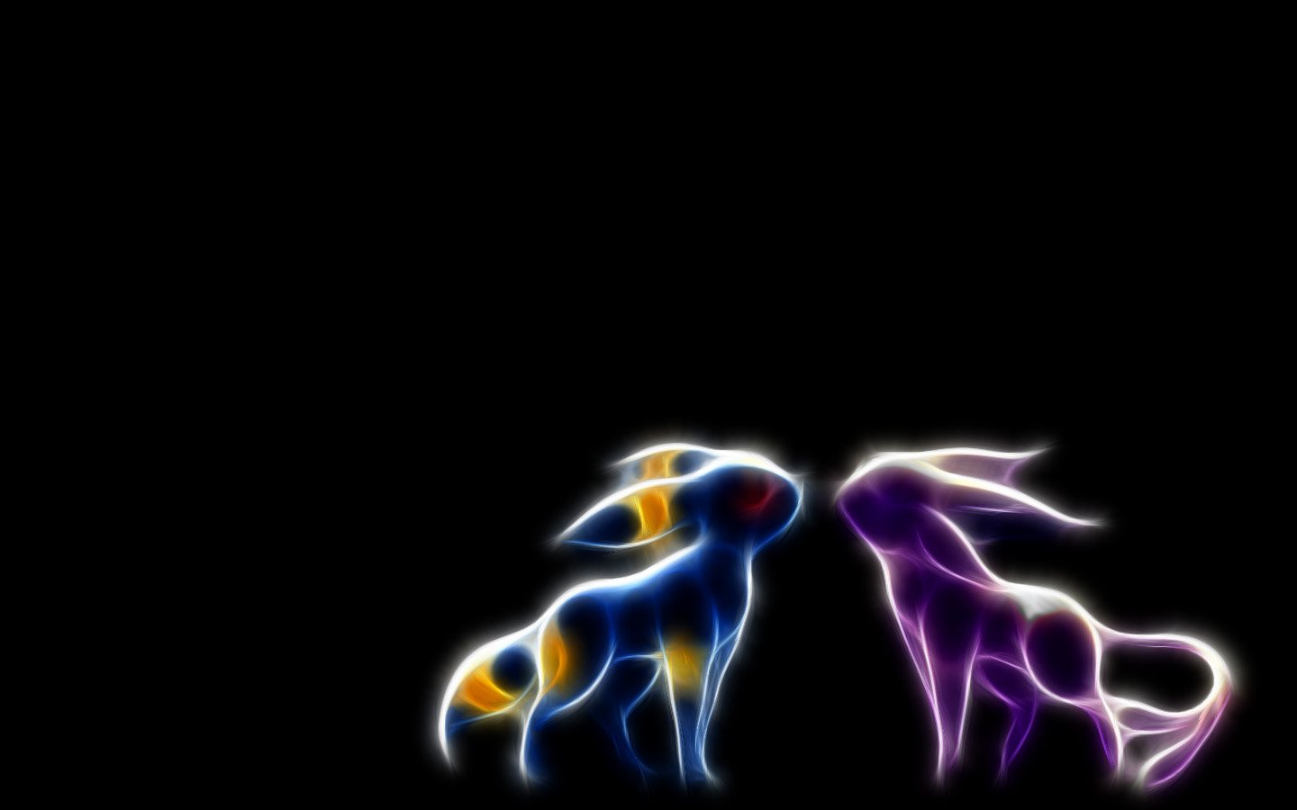 A vibrant illustration of Eeveelutions featuring Umbreon and Espeon, showcasing their unique glowing designs against a stark black background in an anime style.