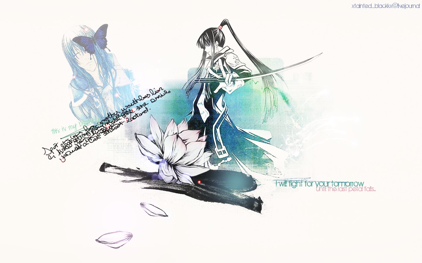 Yu Kanda (D.Gray-man) in stylized anime art: long-haired swordsman poised with katana, blue-green watercolor strokes and a white lotus with falling petals.
