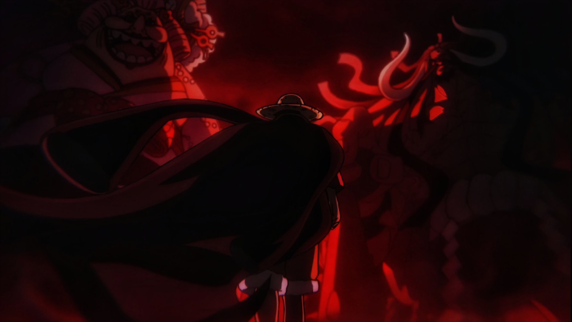 One Piece anime scene: a cloaked figure stands in shadow, facing towering demon-like red statues and swirling flames under ominous crimson lighting.