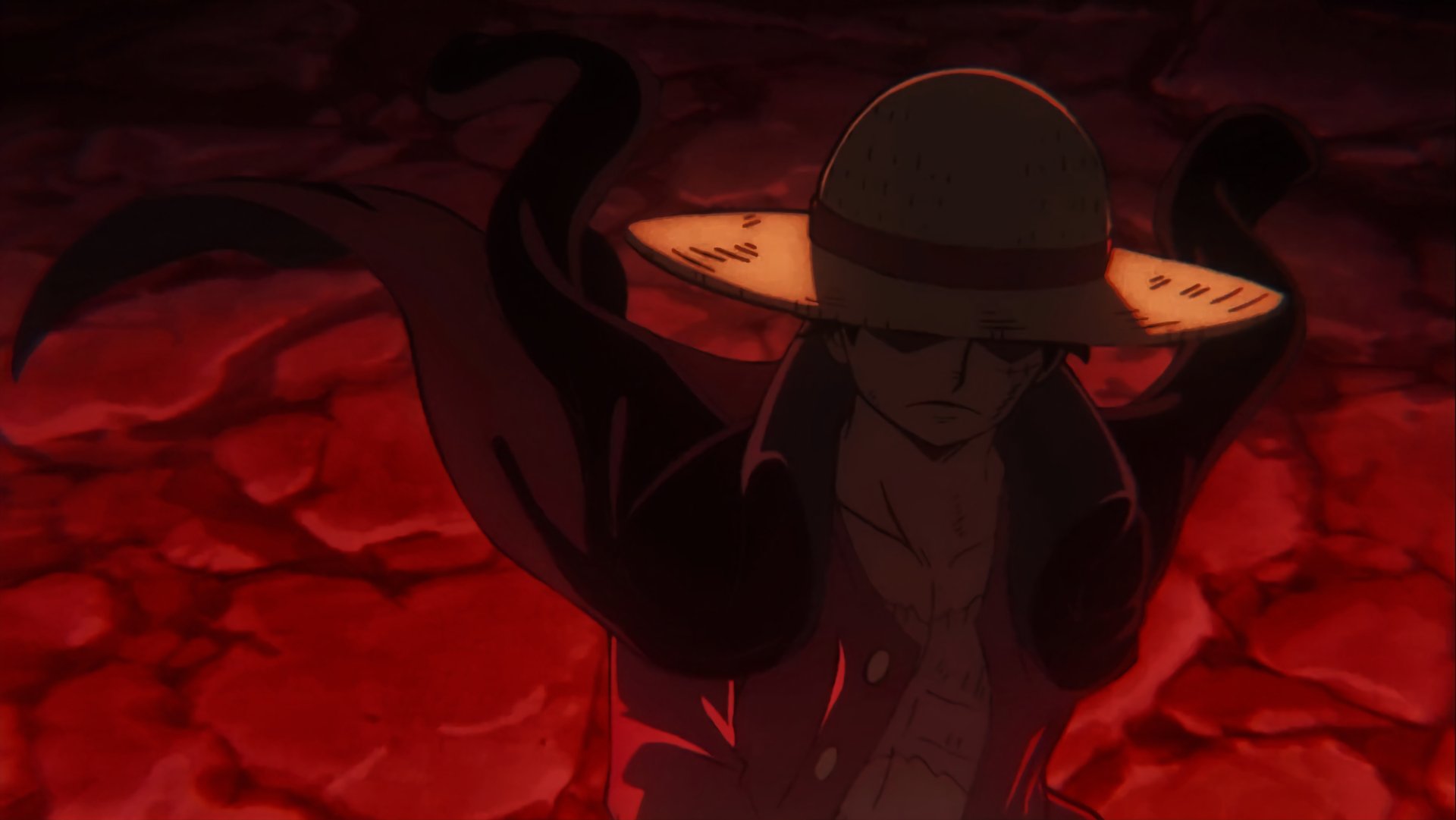 Anime, One Piece: Monkey D. Luffy in a straw hat and open coat, backlit by cracked red ground, his cloak billowing as he stands in dramatic shadow.