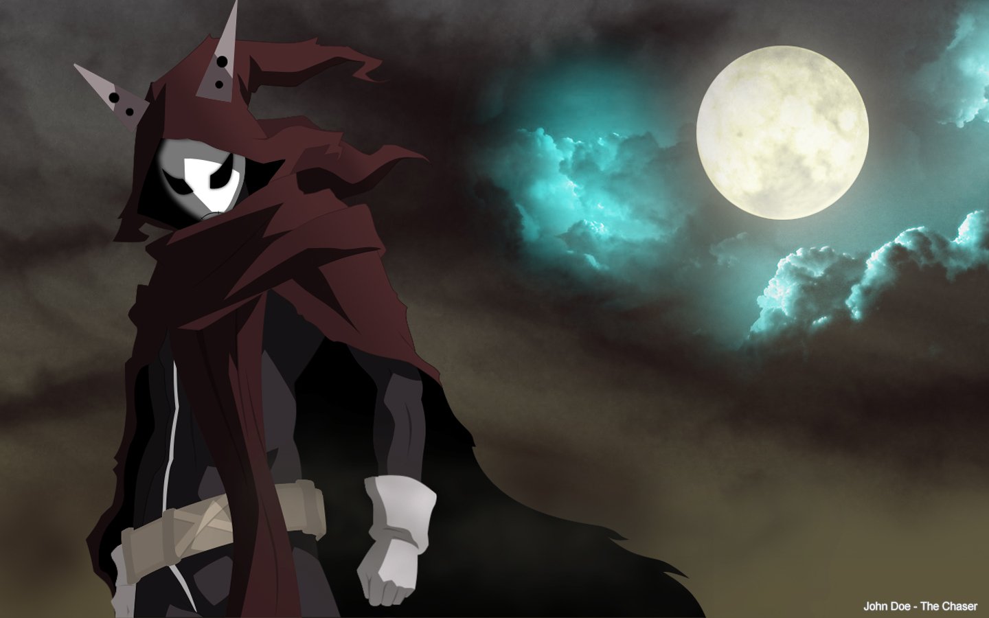 John Doe from *Yumekui Merry* stands dramatically against a moonlit sky, shrouded in a dark cloak with pointed features, embodying the anime's mysterious atmosphere.