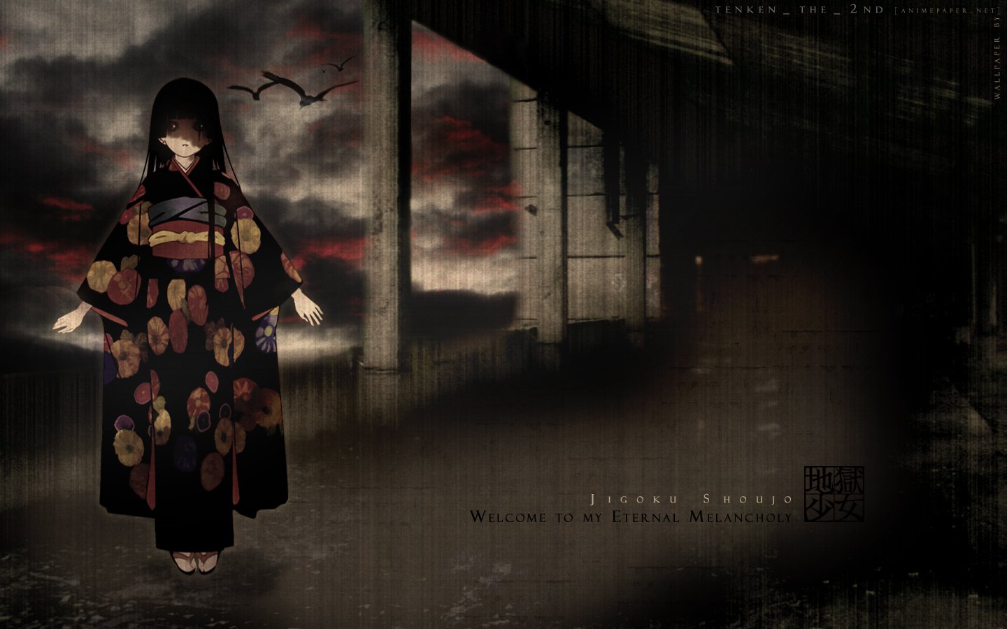 Anime Hell Girl in a floral kimono stands in a shadowy, rain-soaked corridor beneath a blood-red sky, crows circling as eerie light outlines her pale face and dark hair.