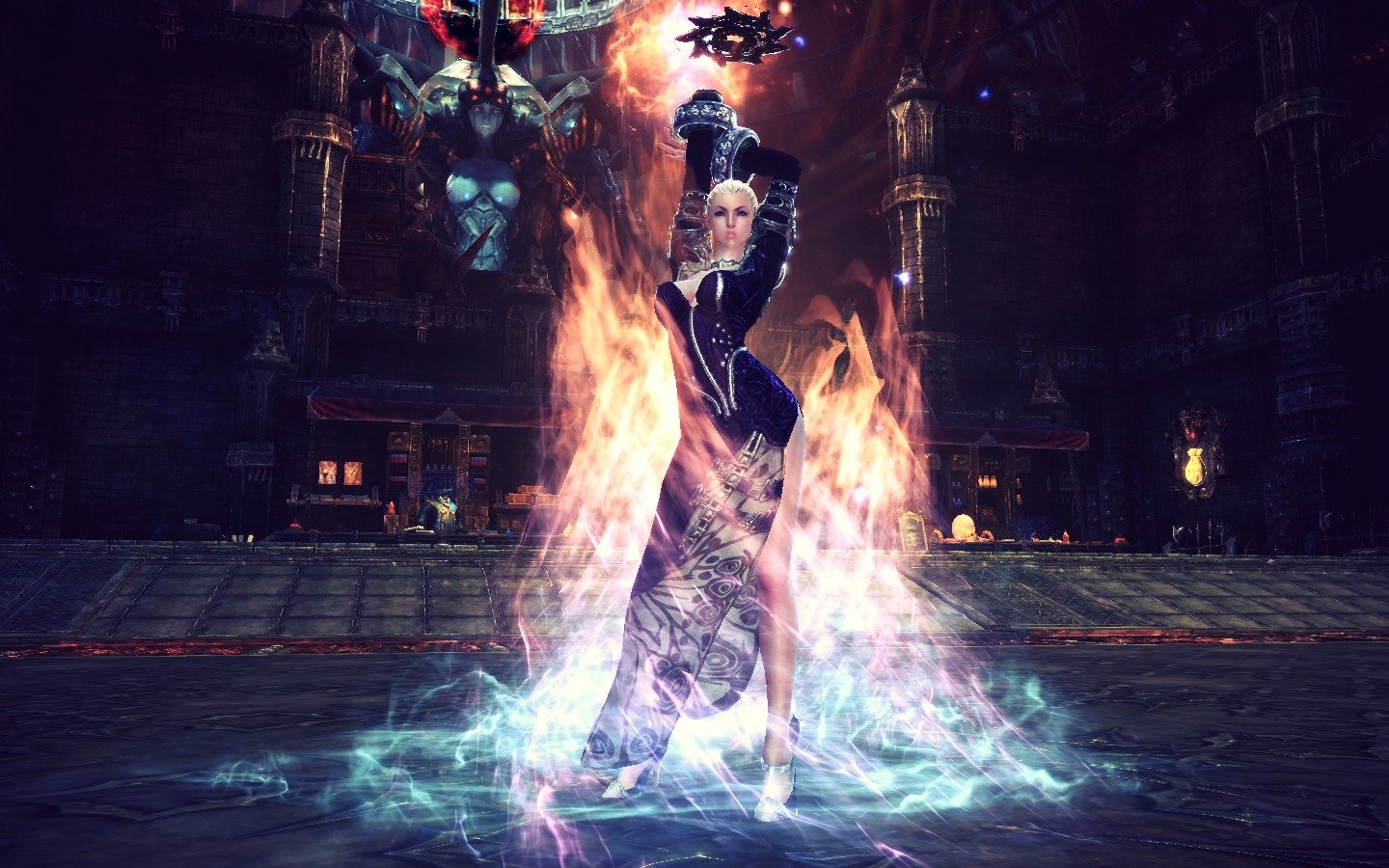 Character from the video game Tera casts a fiery, blue-tinged spell in a dark ornate hall, flames and magical runes swirling around them.