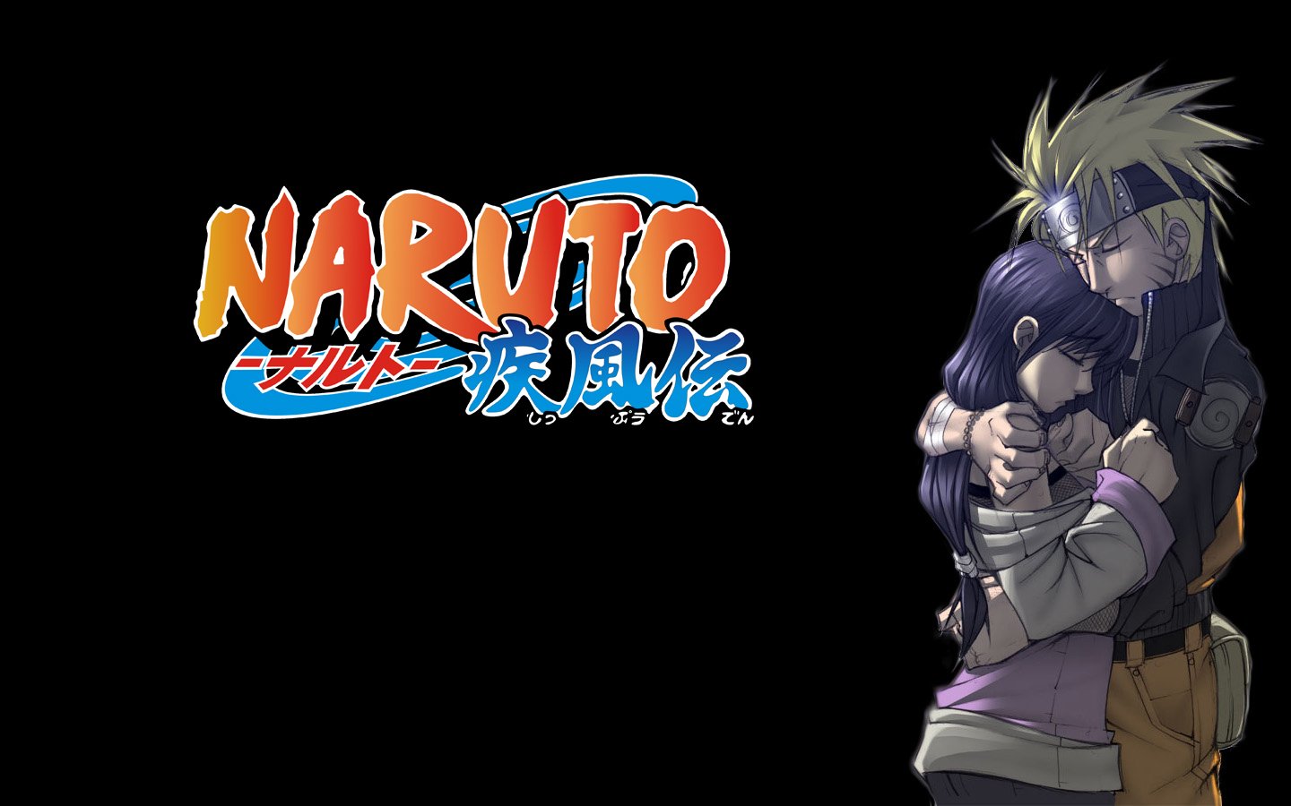 Naruto Uzumaki and Hinata Hyuga share a tender embrace, surrounded by vibrant colors and the iconic Naruto logo, capturing a heartfelt moment from the beloved anime series.