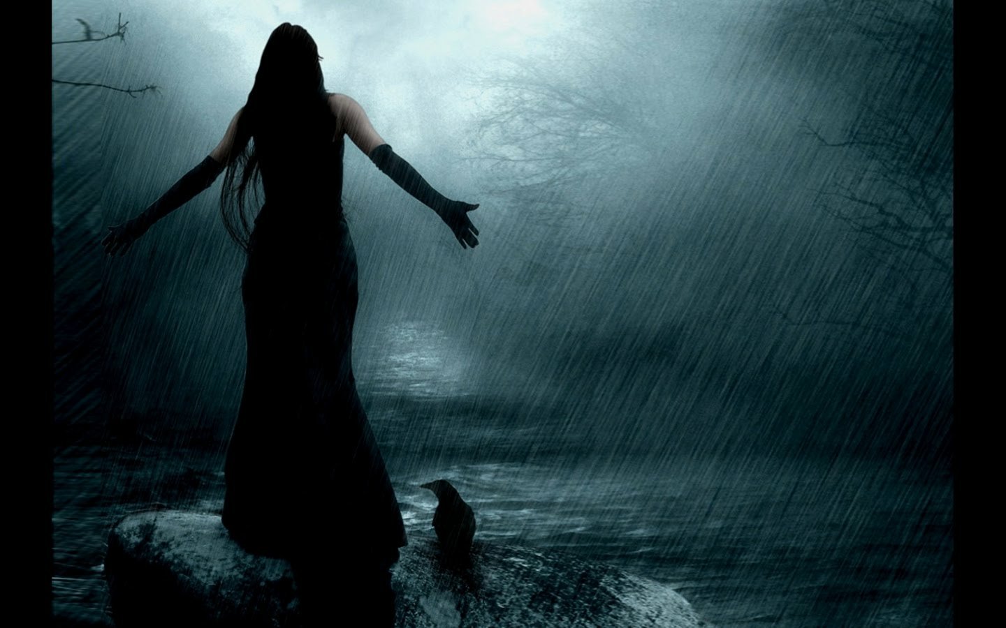 A dark, shadowy woman stands with arms outstretched on a rock in a rainy, misty forest setting at night.