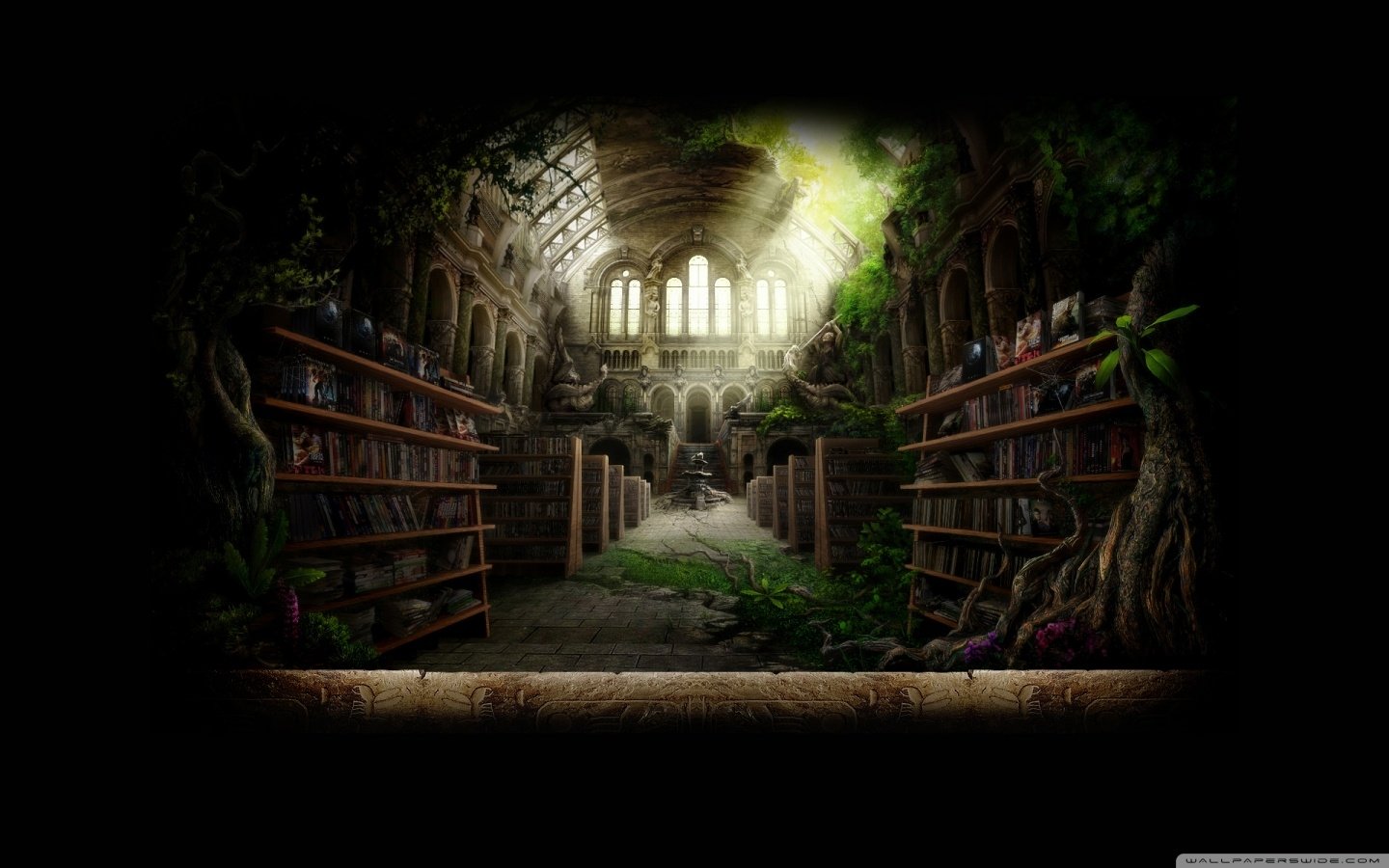 A mystical fantasy library with towering shelves, ancient books, and sunlight streaming through an ornate, overgrown ceiling filled with lush greenery.