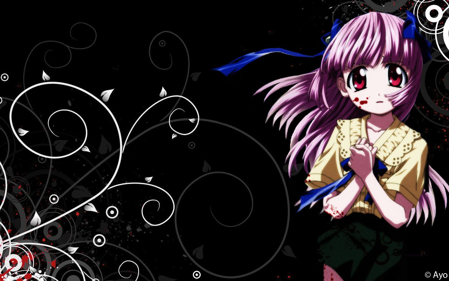 Anime-style image of Lucy from Elfen Lied with pink hair and red eyes, standing against a dark background adorned with white floral and swirl patterns.