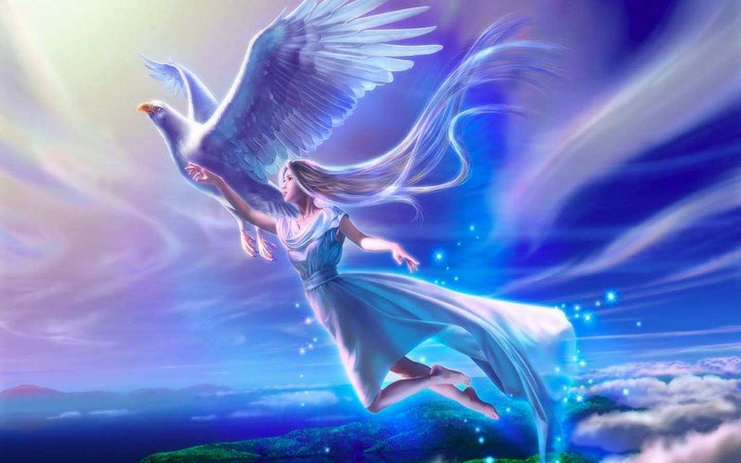 A fantasy scene featuring a woman soaring through the sky, gracefully holding a majestic eagle, with vibrant clouds and shimmering light in the background.
