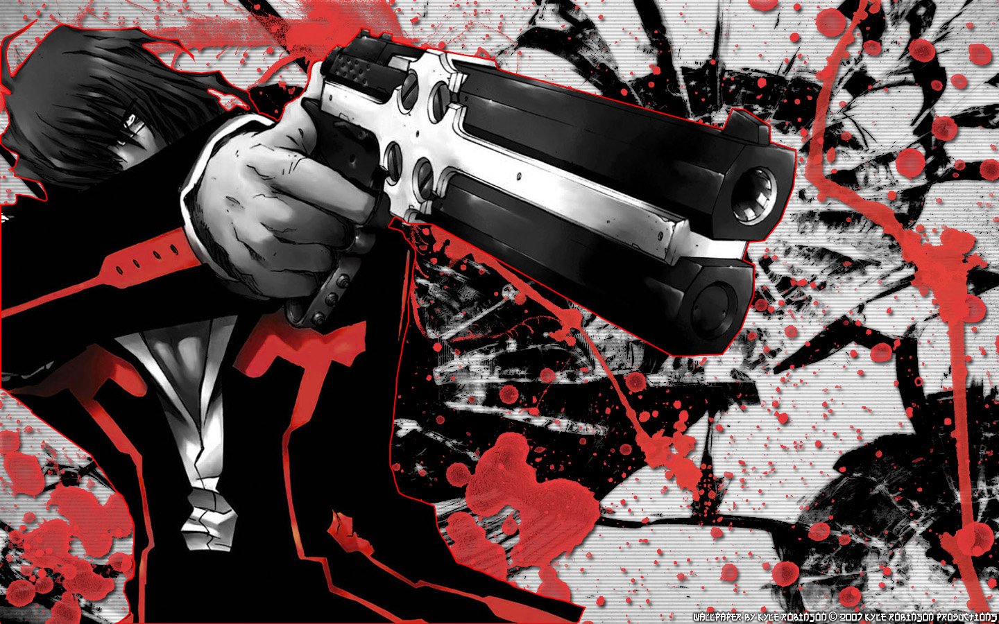 Anime-style illustration from Gungrave featuring a character aiming a large handgun, set against a dynamic background splattered with red and black patterns.
