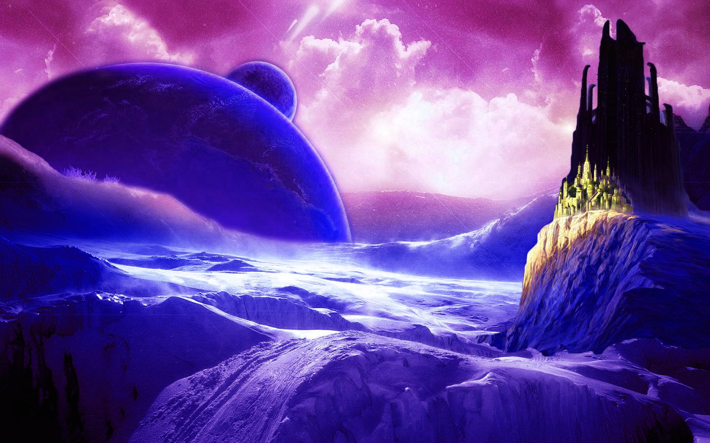 A dramatic fantasy landscape featuring a towering castle perched on a rocky cliff under a vibrant purple sky with a massive planet looming in the background.
