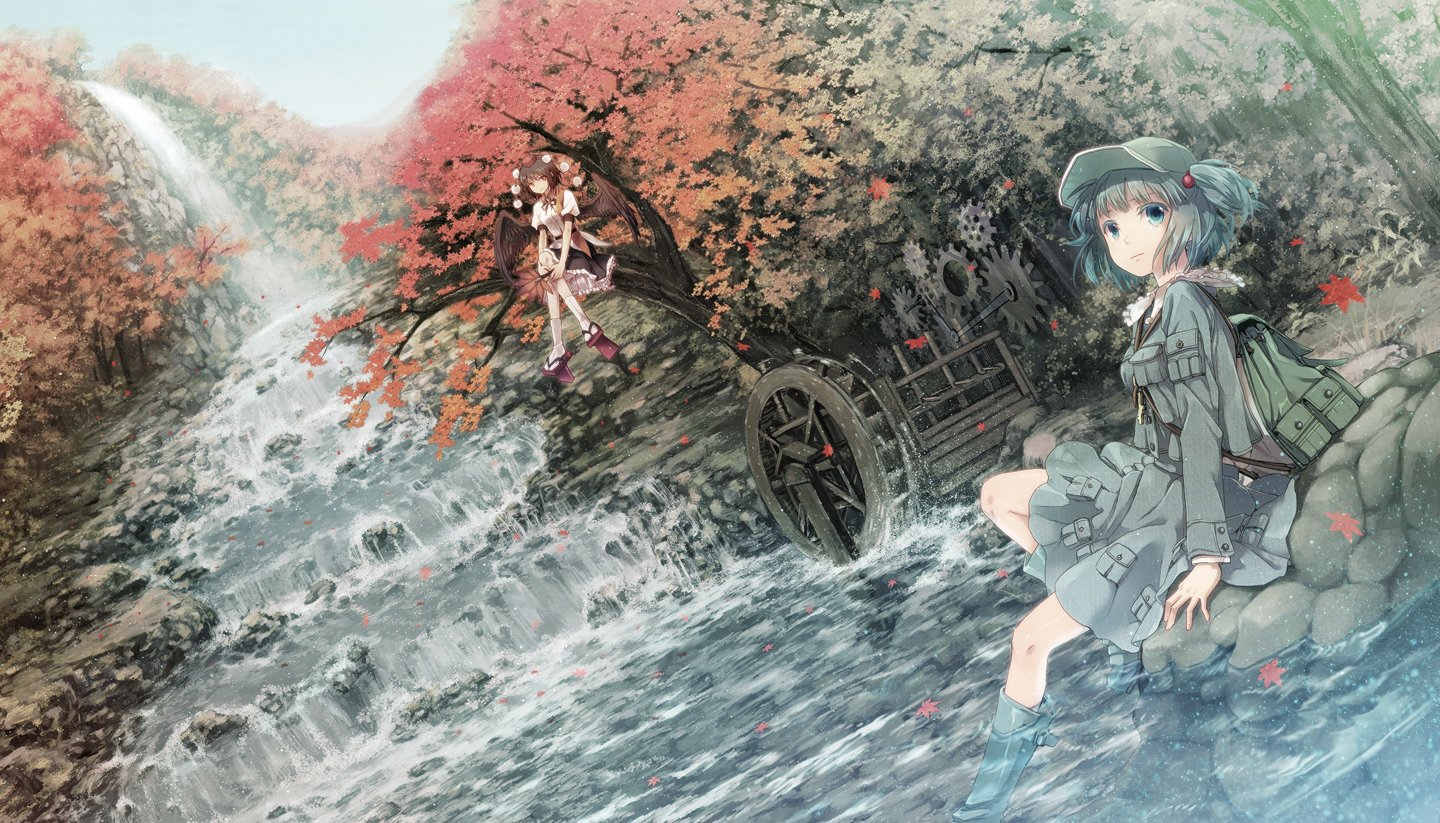 Touhou anime scene: Aya Shameimaru perches by a rushing waterfall and waterwheel as Nitori Kawashiro sits on a rock, dipping her feet into the stream.