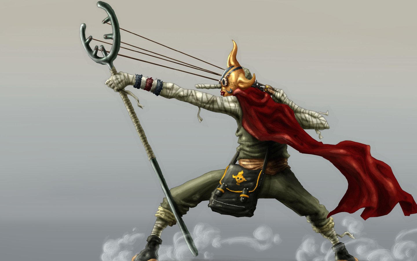 Usopp from the anime One Piece strikes a dynamic pose, wielding his slingshot and wearing a flowing red cape against a muted background.