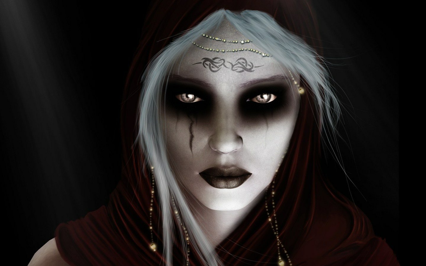 A dark, gothic figure with striking white hair and intense eyes stares hauntingly from the shadows, adorned with intricate jewelry and a deep crimson cloak.