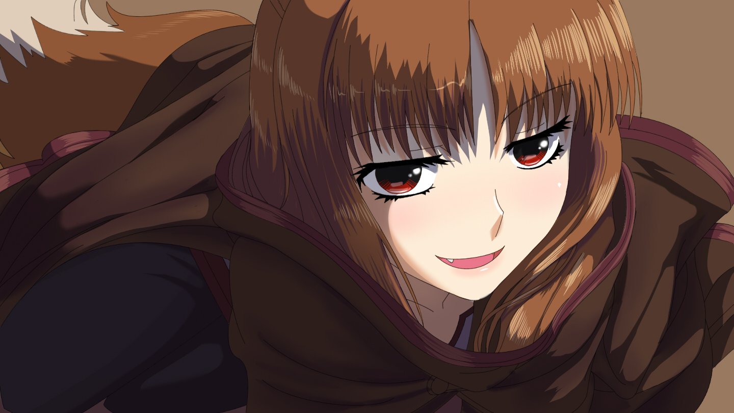 Close-up of a confident female character with brown hair and fox ears from the anime Spice and Wolf, showcasing her sly smile and detailed shading.