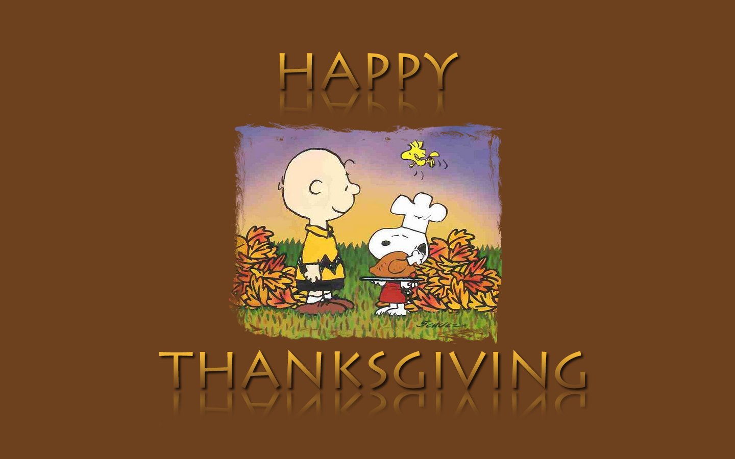 A whimsical illustration featuring Charlie Brown and Snoopy surrounded by autumn leaves, with the words Happy Thanksgiving prominently displayed.