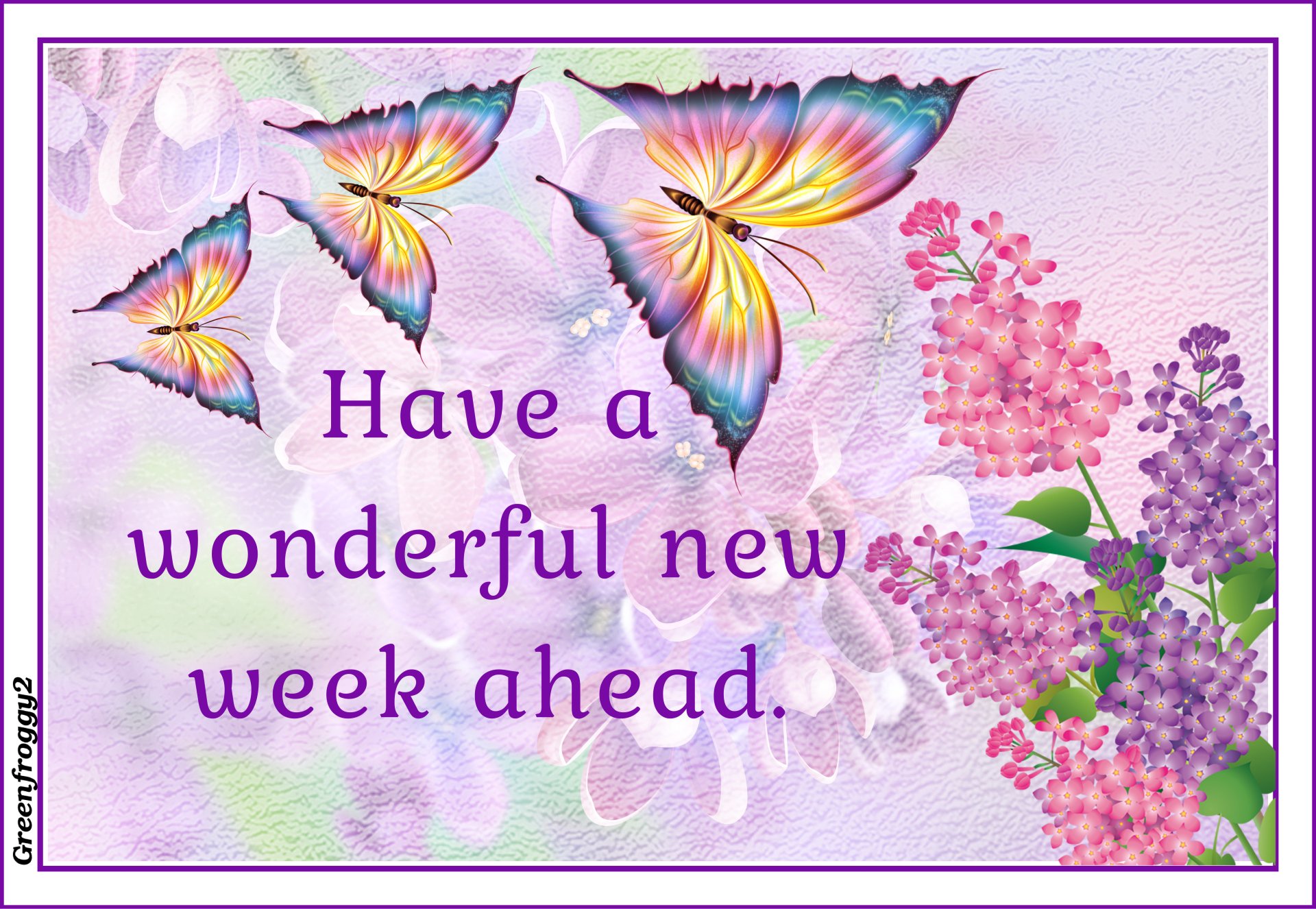 Misc, comment: pastel greeting card with colorful butterflies, lilac flowers and the text Have a wonderful new week ahead.