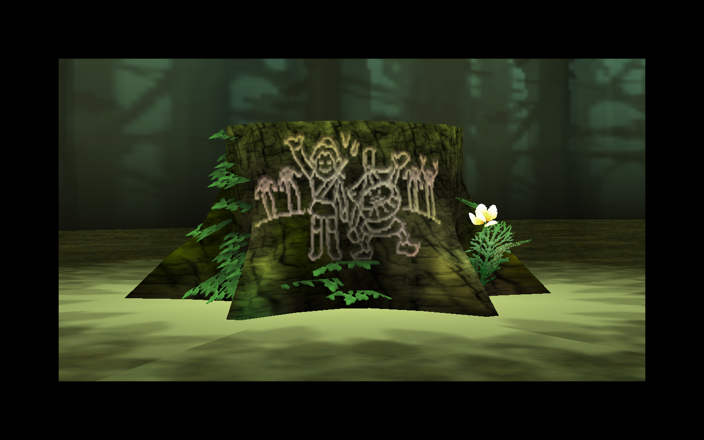 Screenshot from the video game The Legend of Zelda: Majora's Mask showing a mossy tree stump carved with childlike figures and a white flower at its base in a misty forest.