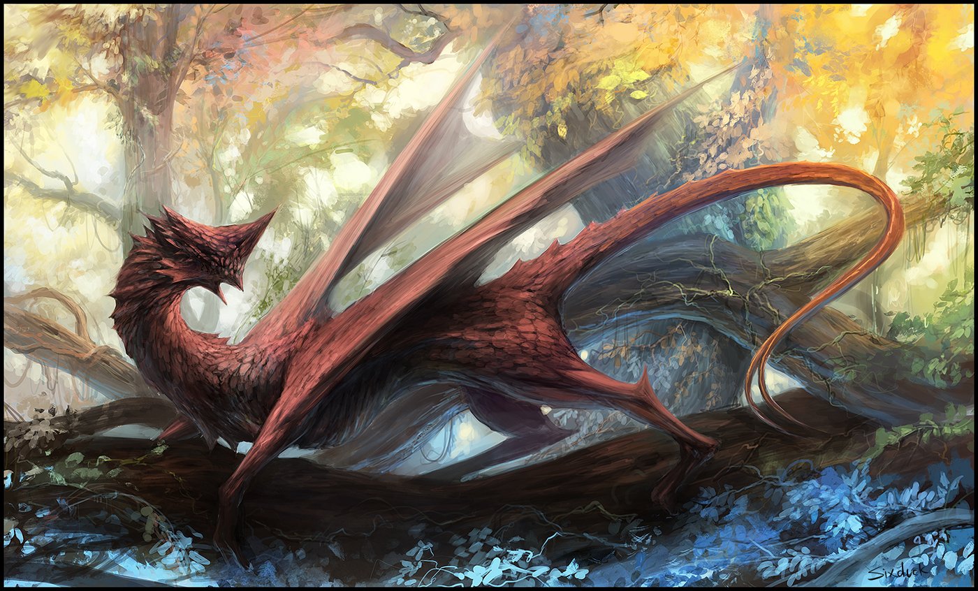 A majestic red dragon with sprawling wings rests in a sunlit, enchanted forest filled with vibrant autumn foliage and mystical blue flowers, embodying a vivid fantasy scene.