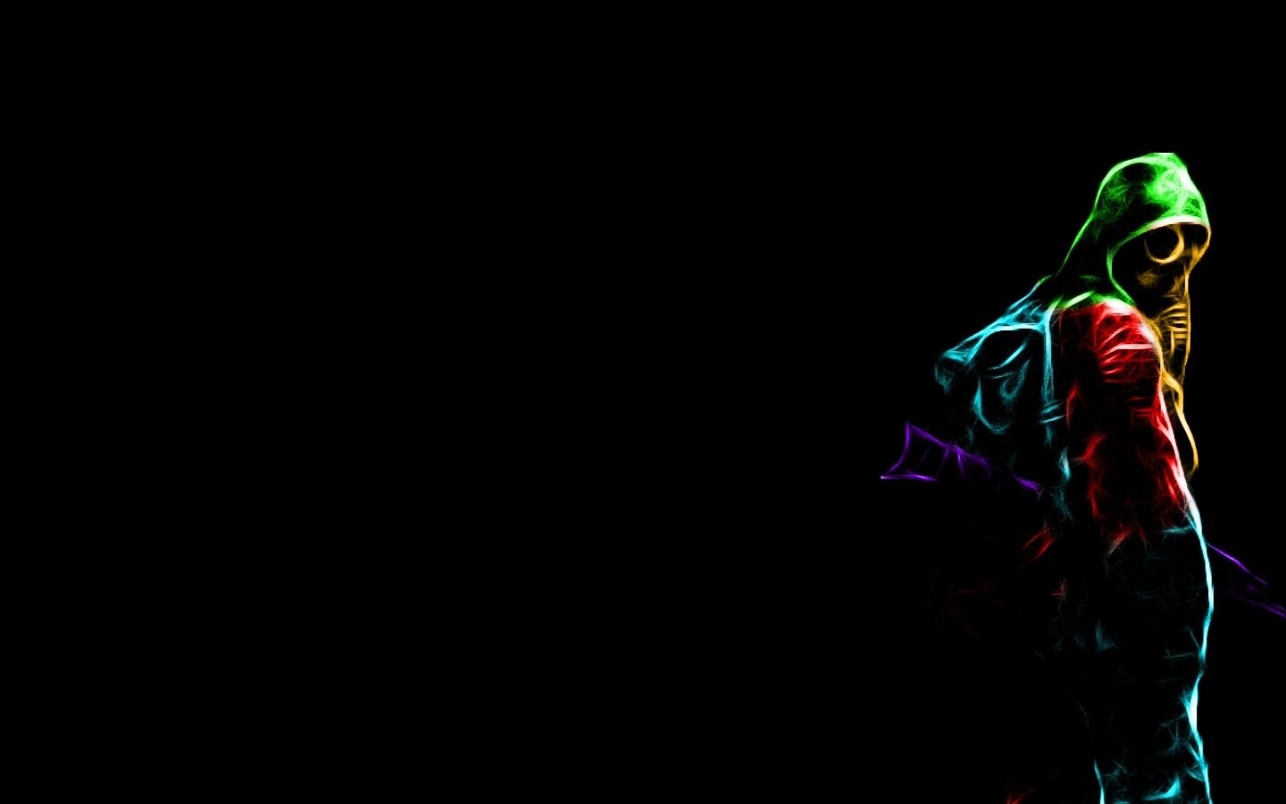 A figure wearing a gas mask stands in a dark setting, shrouded in an aura of vibrant colors, with a hooded outfit that contrasts sharply against the black background.