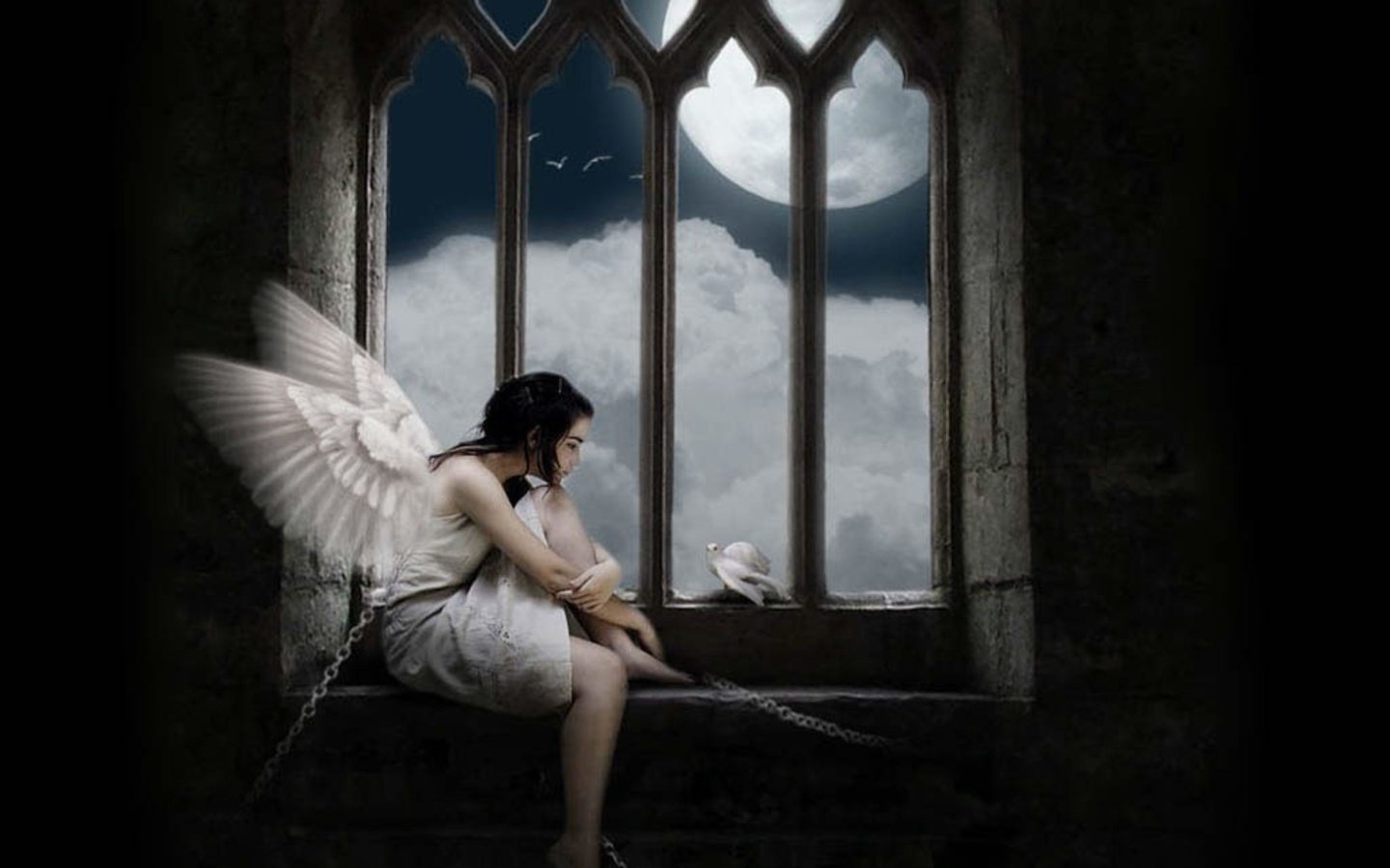 A serene angel with white wings sits in a gothic window, gazing at a bird against a backdrop of clouds and a full moon, embodying a tranquil fantasy scene.