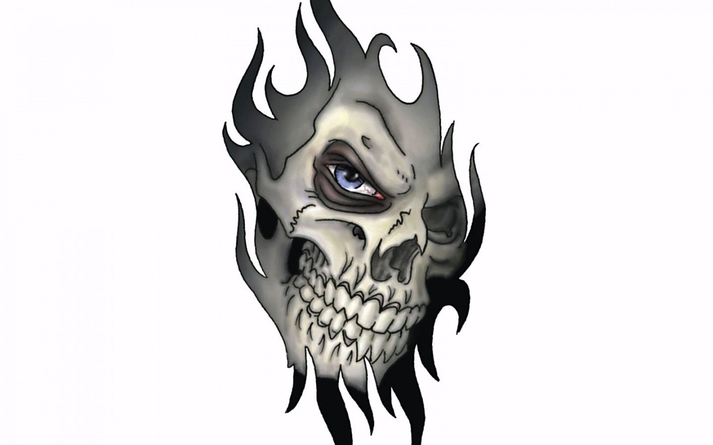 A dark, stylized skull with an intense expression, surrounded by dynamic flame-like elements, exudes a bold and edgy vibe.
