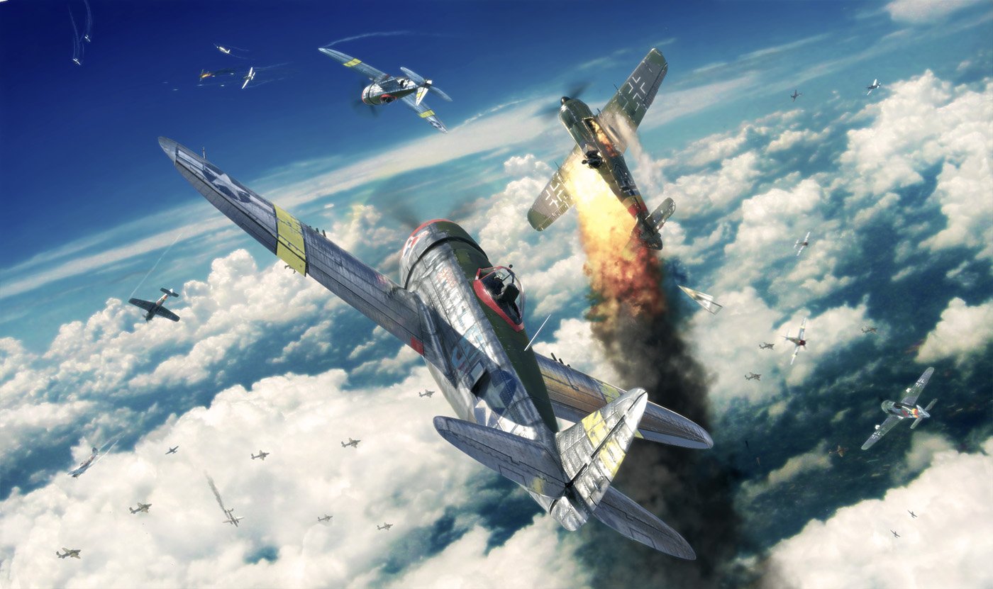 Military aircraft engaged in an aerial dogfight above the clouds, with one plane trailing smoke and flames.