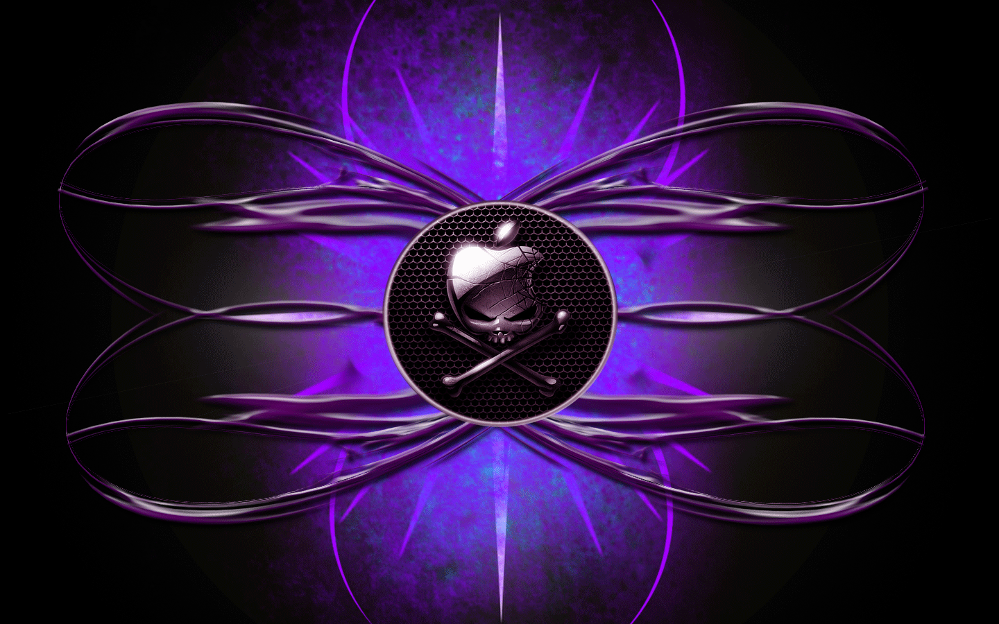Abstract digital art featuring the Apple Inc. logo at the center, surrounded by intricate purple energy patterns, symbolizing technology and innovation.