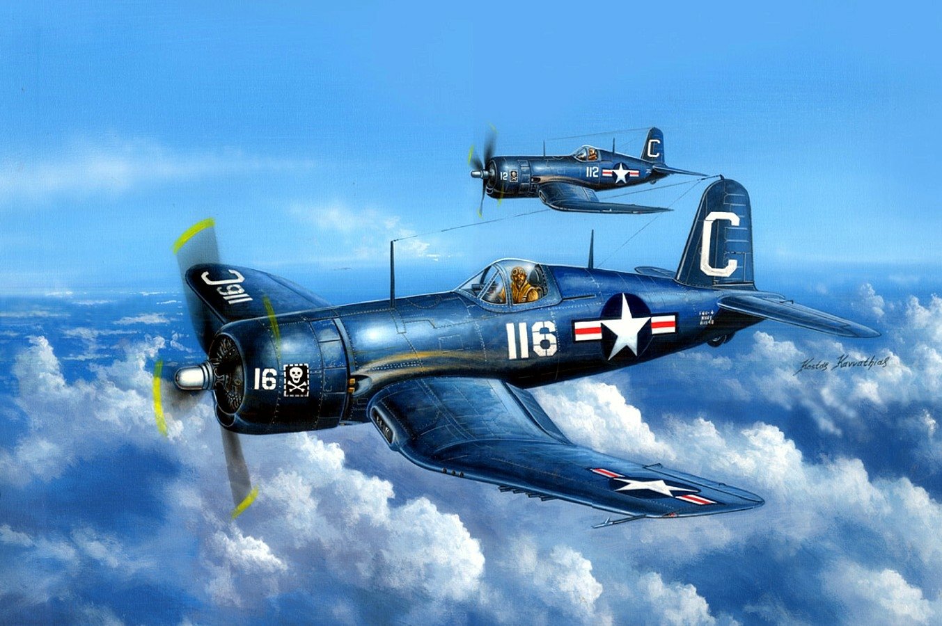 Two vintage military aircraft with propellers fly above the clouds against a clear blue sky.