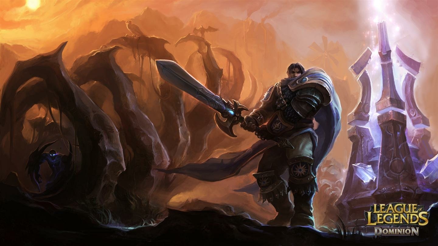 Video game art from League of Legends: armored Garen brandishes his sword while the shadowy Nocturne looms over an eerie battlefield.