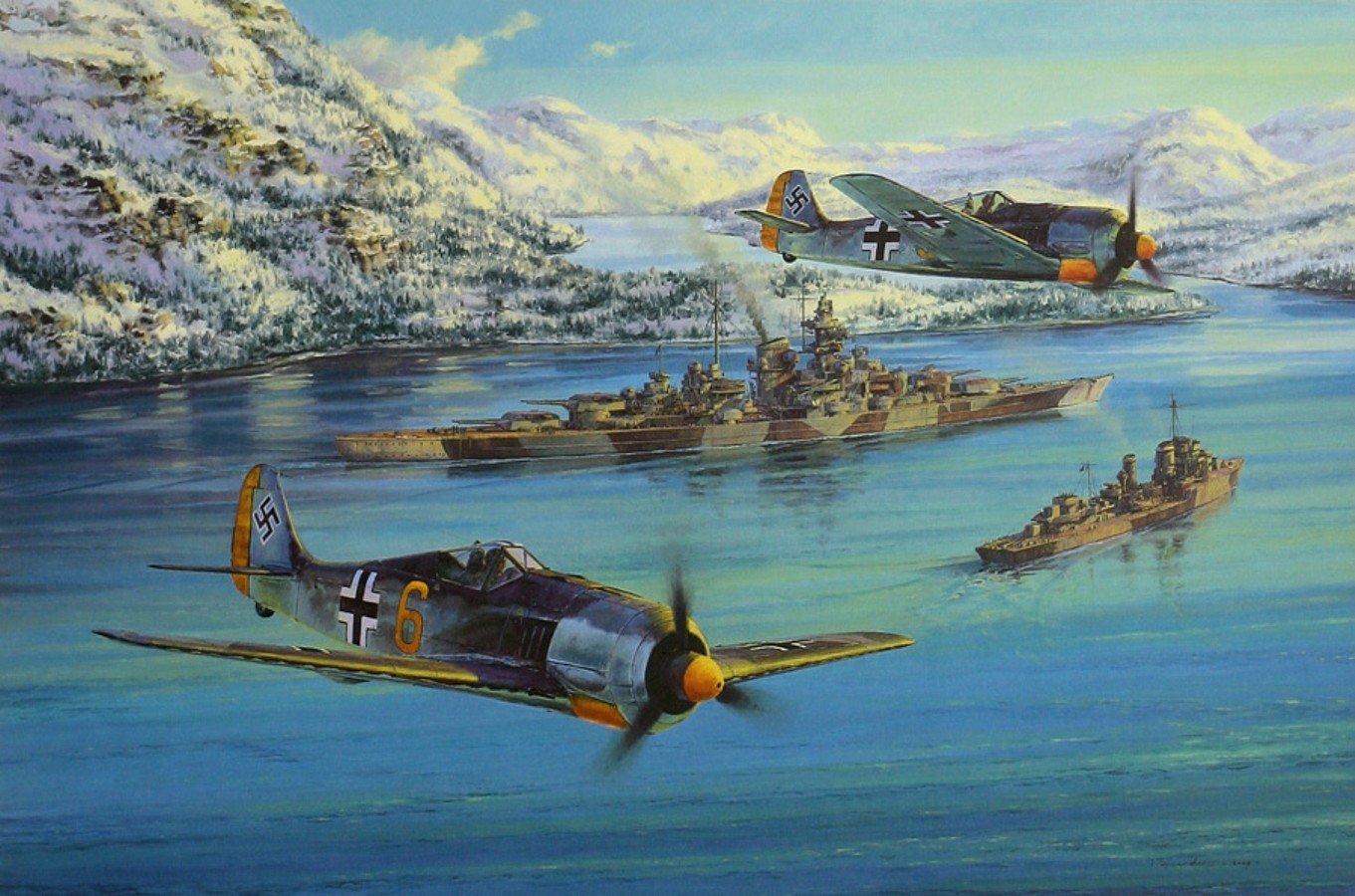 Two military aircraft fly over wartime ships navigating a calm body of water surrounded by snow-covered hills.