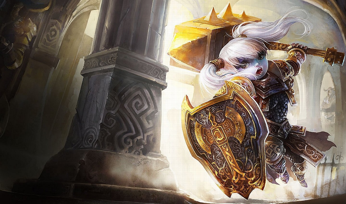 Poppy, a character from the video game League of Legends, wields a large hammer and shield while leaping through an ancient stone structure.