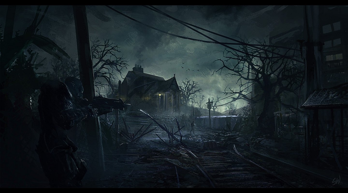 A shadowy figure stands in the foreground, aiming a weapon towards a dark, ominous building. Eerie trees and tangled debris surround the scene, enhancing the atmosphere of dread.