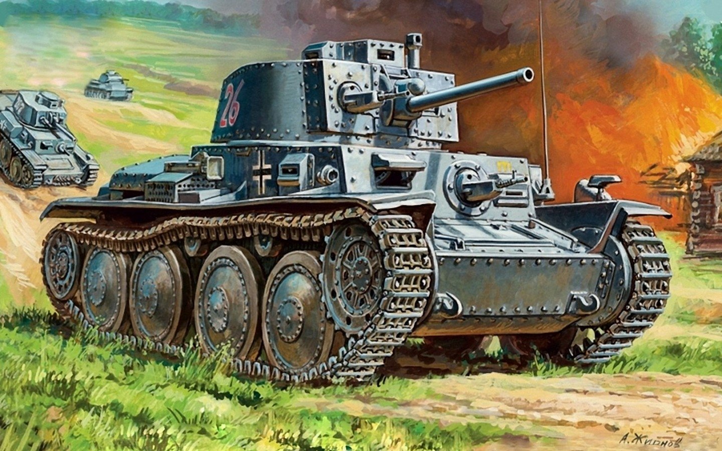A detailed illustration of a military Panzer 38(t) tank moving through a grassy battlefield with fire and other armored vehicles in the background.