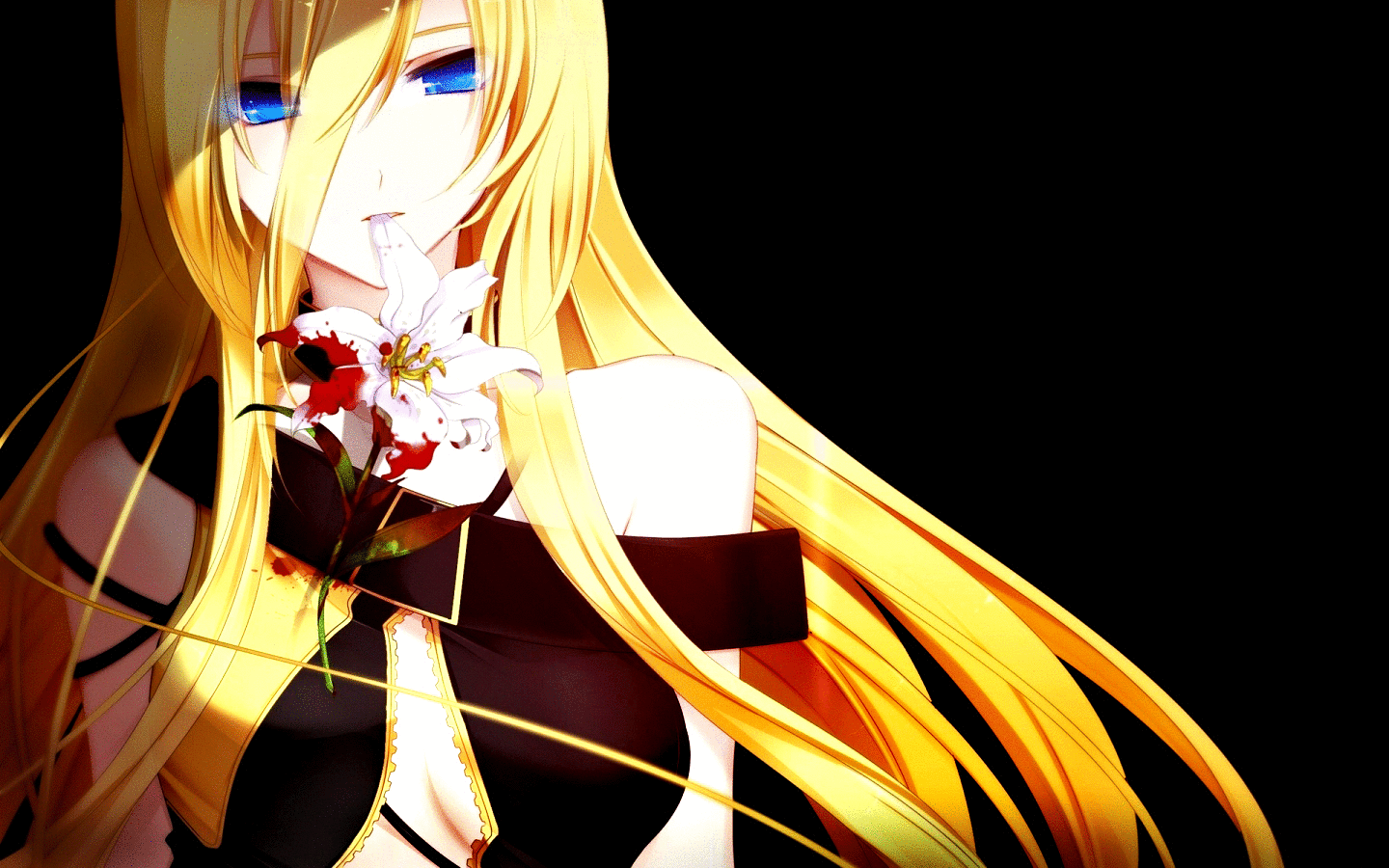 A blonde anime character, Lily from Vocaloid, holds a bouquet of flowers, with long hair flowing and striking blue eyes, set against a dark background.