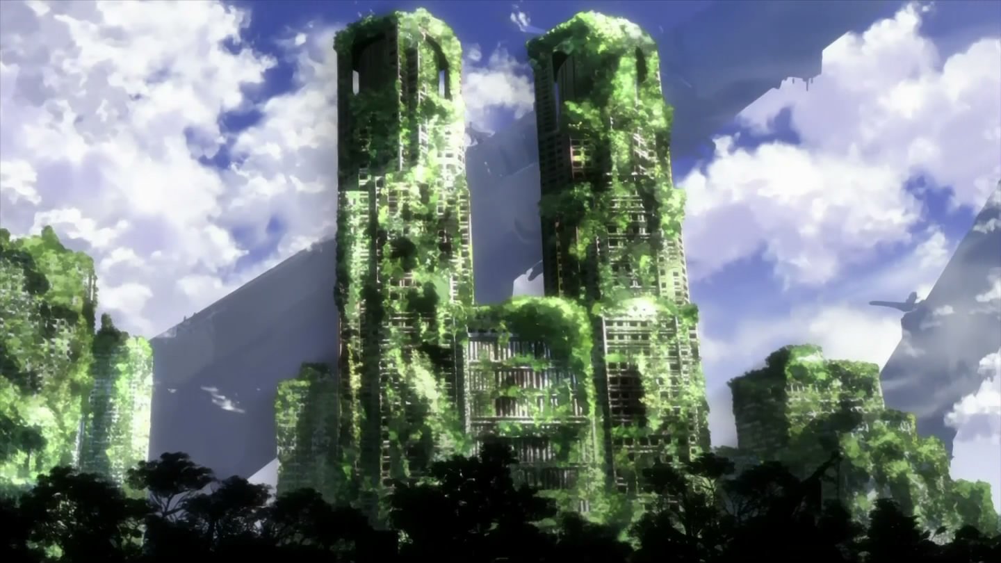 Anime scene from Shangri-La depicting tall, abandoned skyscrapers overgrown with lush green vegetation under a partly cloudy sky.