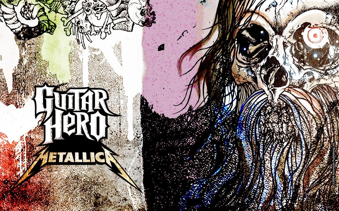 Illustration featuring the Guitar Hero: Metallica logo alongside vibrant, abstract artwork depicting a skull and ornate elements, capturing the game's edgy rock aesthetic.
