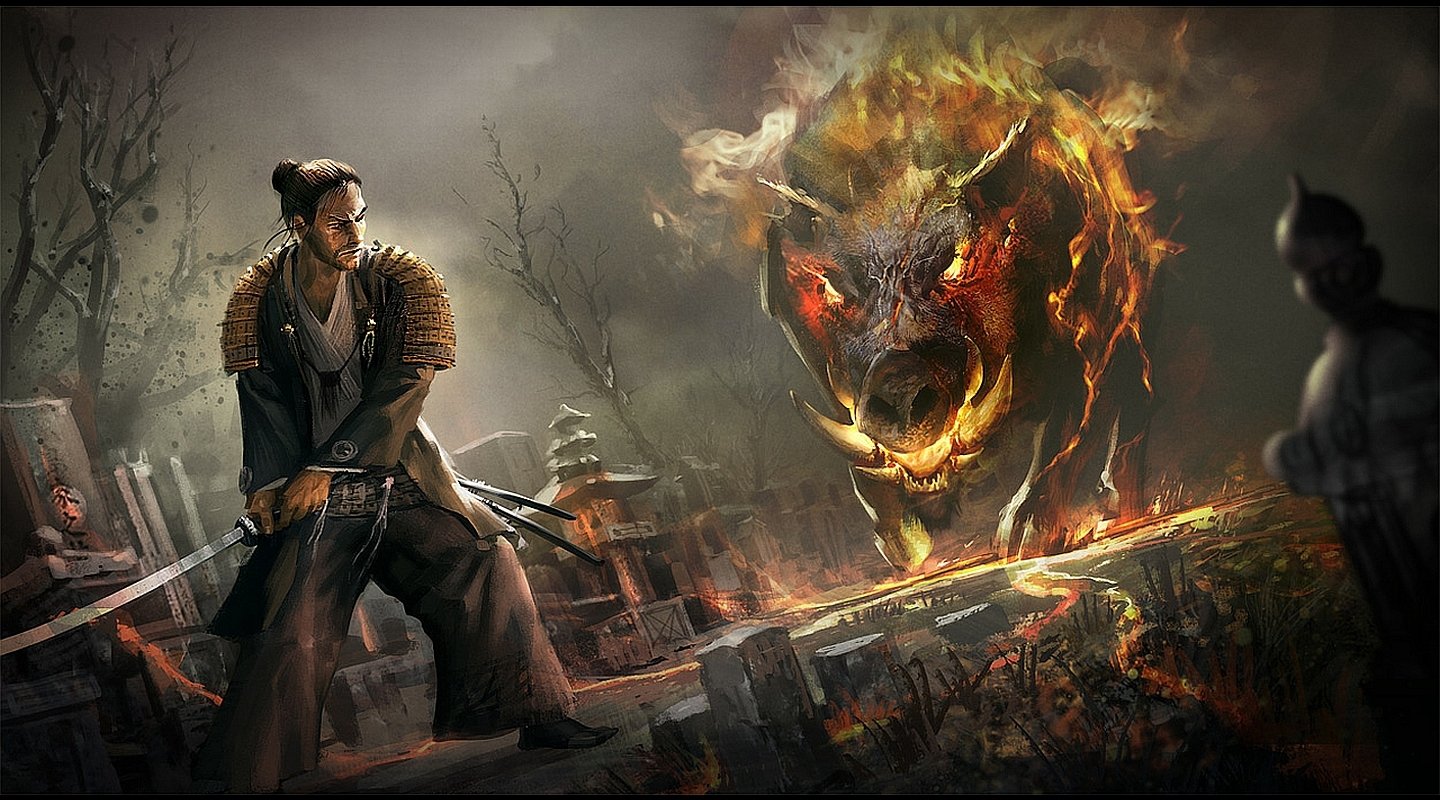 A determined warrior faces a fierce, fiery boar amidst a haunting landscape, showcasing a dramatic scene reminiscent of Dungeons & Dragons adventures.
