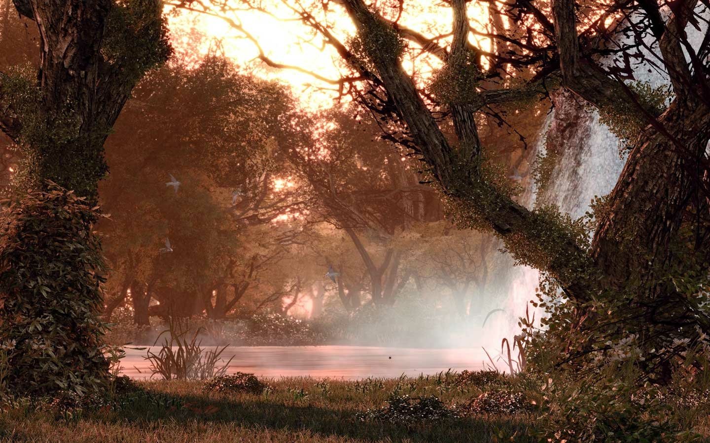 A tranquil forest scene in fall, showcasing a waterfall cascading into a misty pond, surrounded by lush greenery and vibrant leaves, creating a serene and fantasy-like atmosphere.