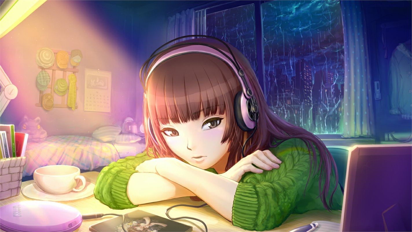 Anime Amagami girl with brown hair and headphones, leaning on a desk by a laptop and teacup, warm lamp glow inside and rain streaking the window outside.