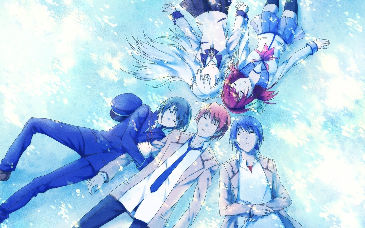 Hinata Hideki, Ayato Naoi, Yuzuru Otonashi, Yuri Nakamura, and Kanade Tachibana from the anime Angel Beats! lie together under a bright, ethereal sky.