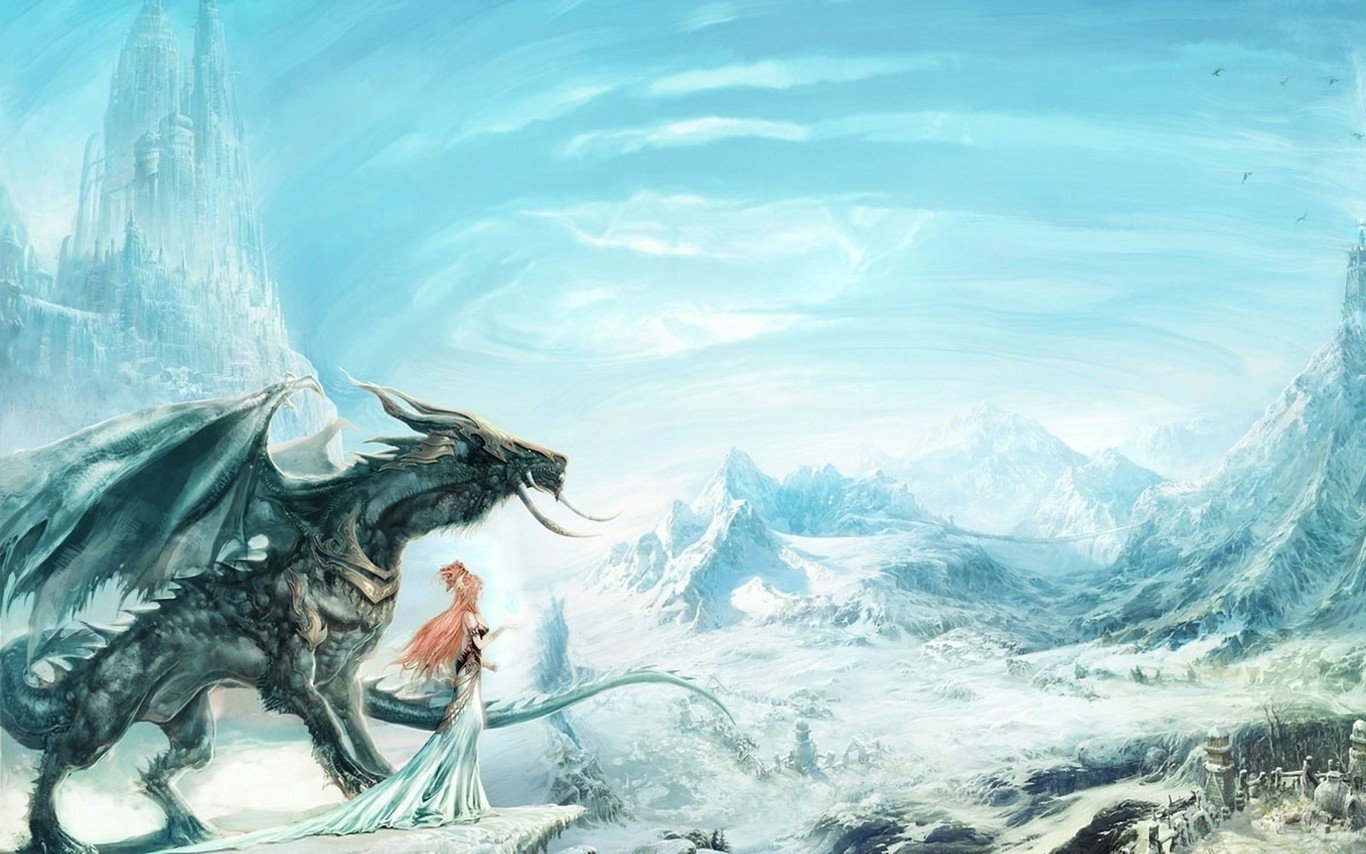 A fantasy scene depicting a large dragon standing beside a robed figure, overlooking a vast, icy landscape with distant mountains and a castle in the mist.