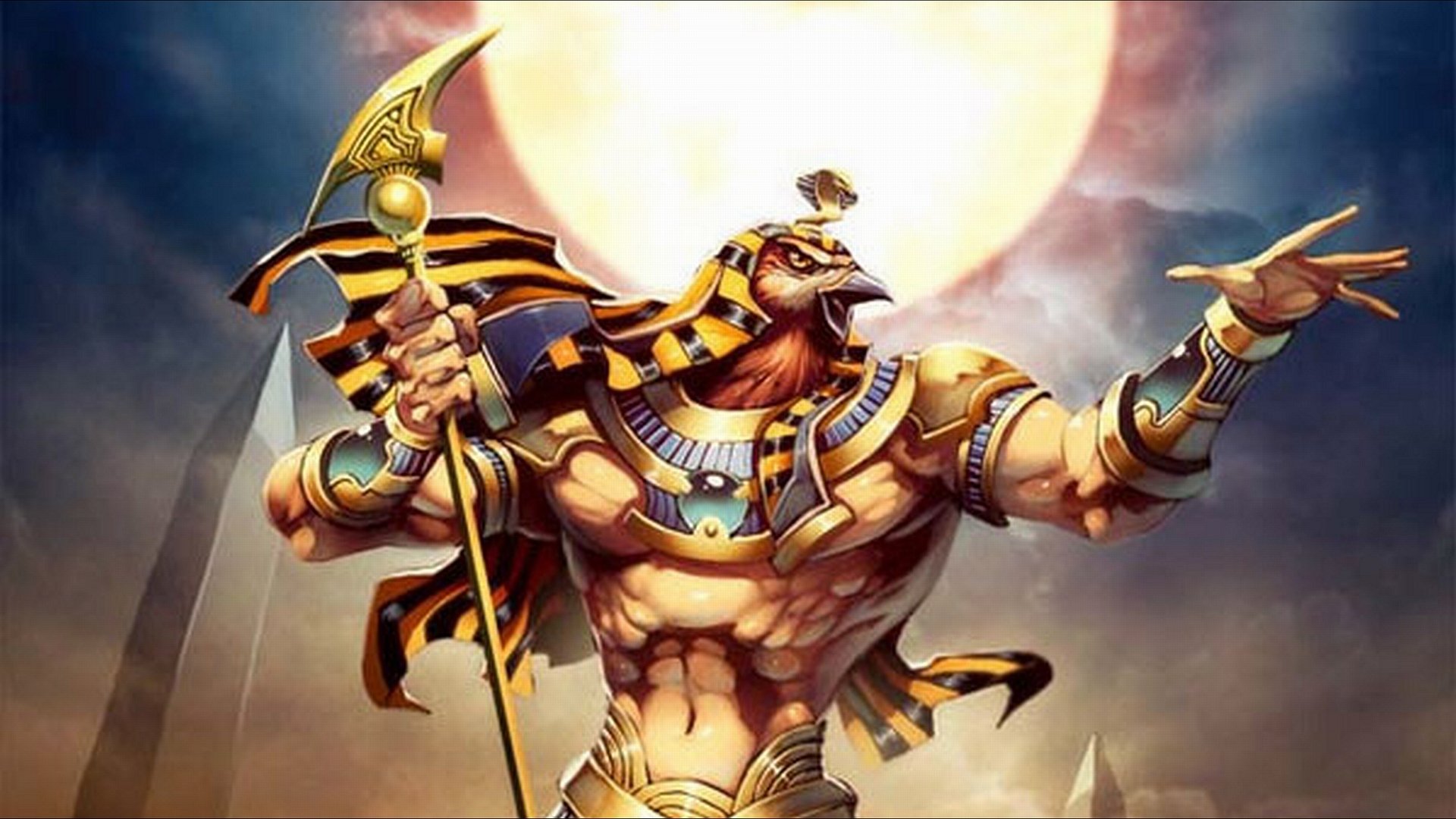 A powerful, muscular figure resembling a god with a falcon head stands in front of a glowing sun, wielding a staff, embodying themes of fantasy and divinity.