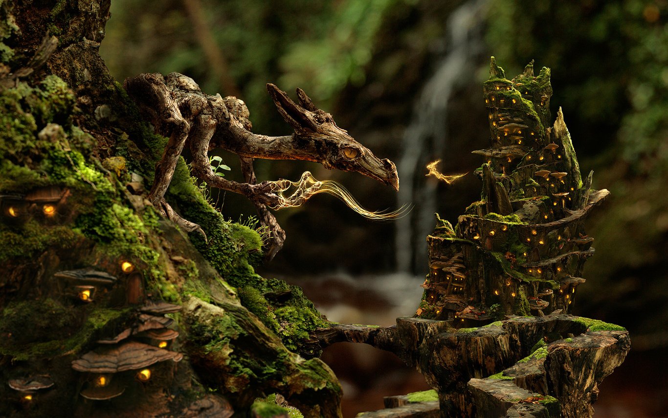 A detailed fantasy scene featuring a dragon perched on a mossy tree, overlooking a miniature, glowing village with a waterfall in the background.