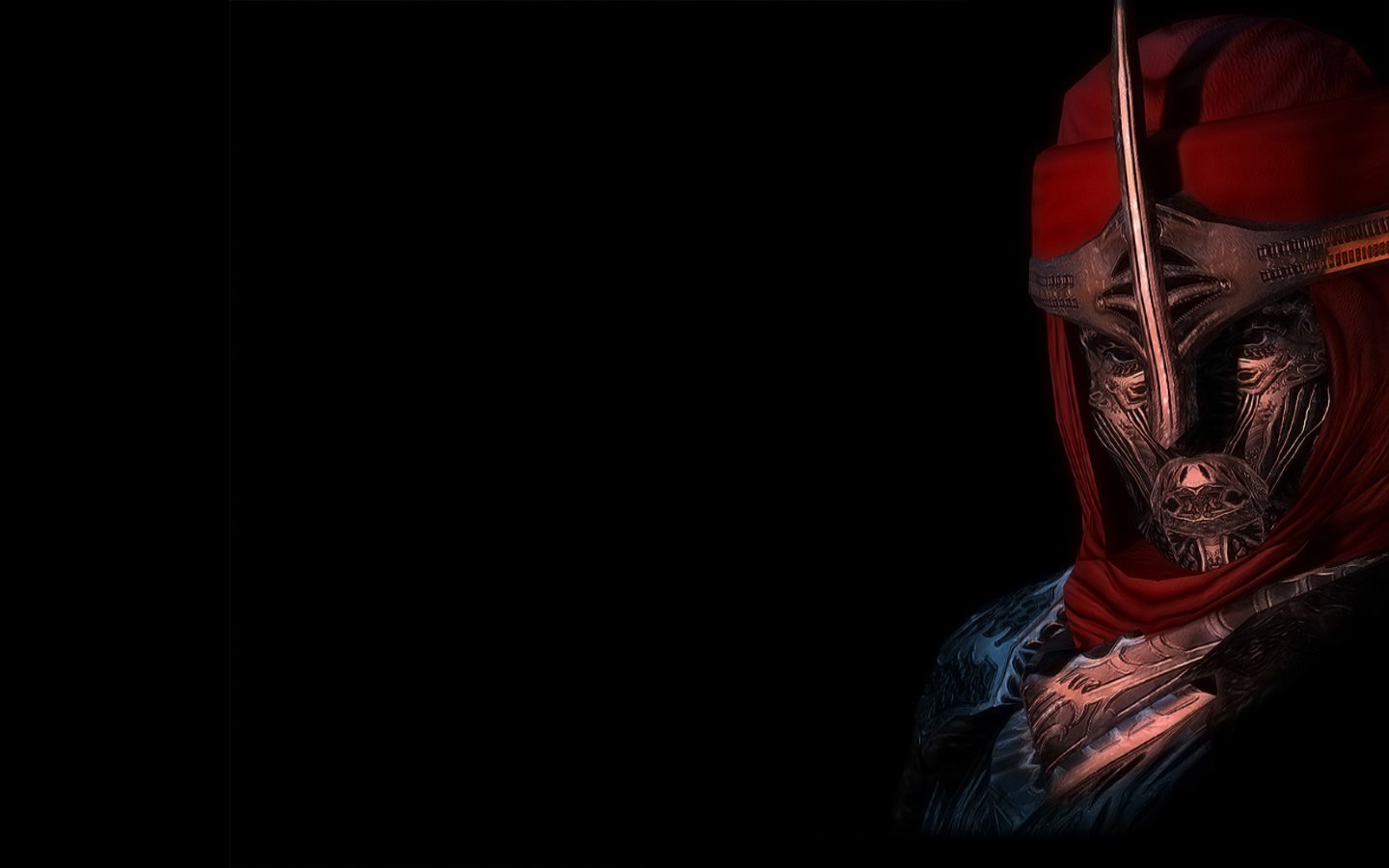Red-hooded, helmeted, masked figure from the video game The Elder Scrolls IV: Oblivion against a black background.