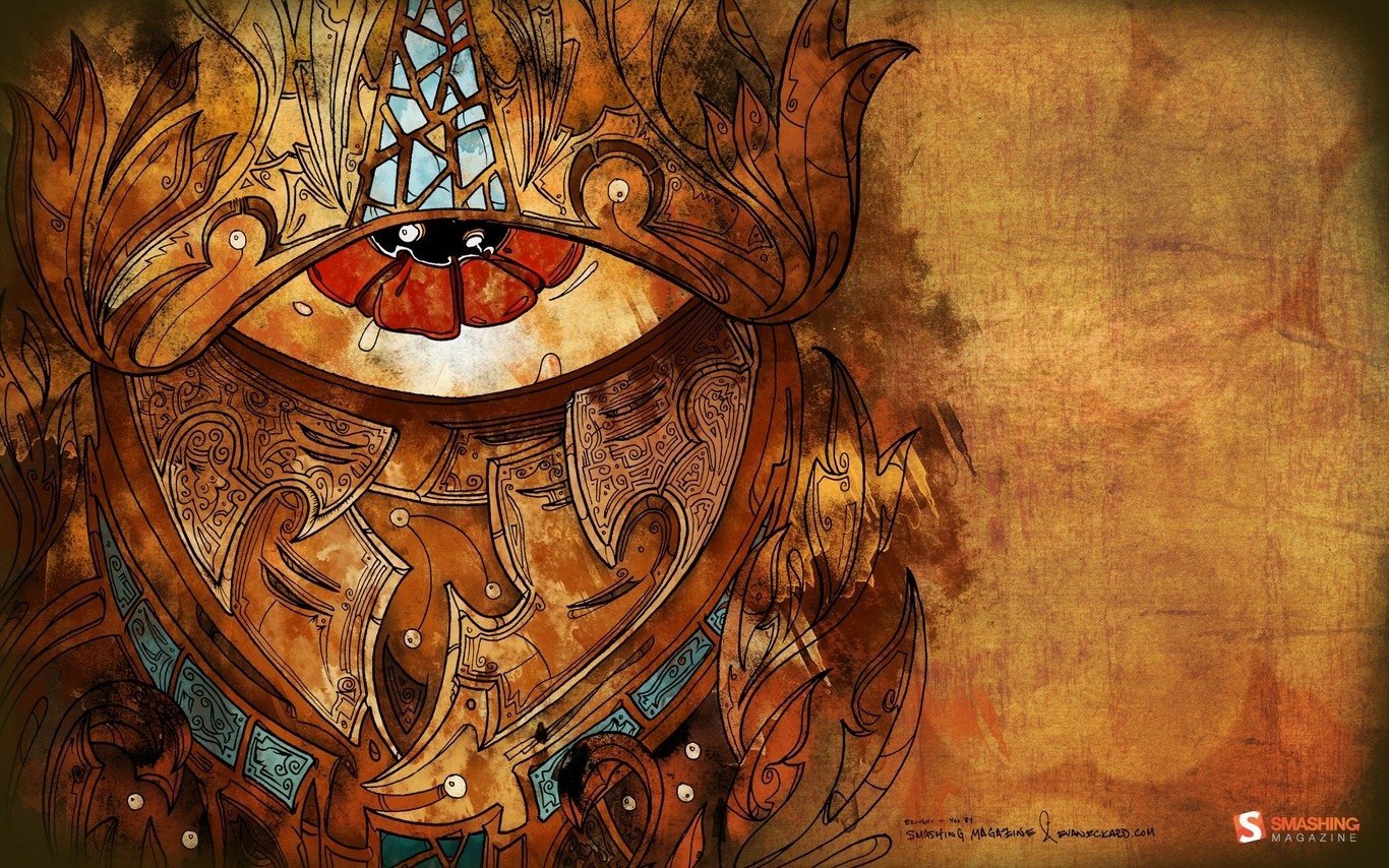 A detailed artistic fantasy eye surrounded by intricate, ornate patterns in warm, earthy tones on a textured background.
