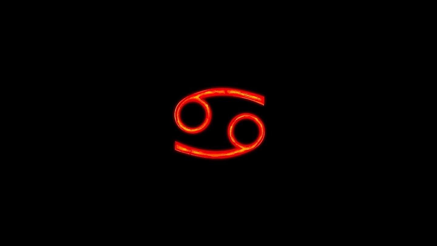 Red neon Cancer zodiac glyph on a black background, evoking Homestuck comic iconography.